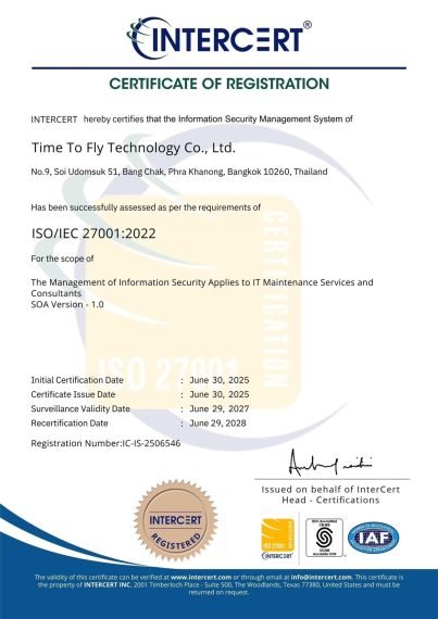 Cartificate ISO/IEC 27001:2022 ISMS - Time To Fly Technology
