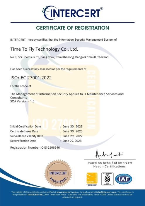 Cartificate ISO/IEC 27001:2022 ISMS - Time To Fly Technology