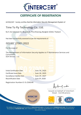ใบรับรองมาตรฐาน ISO/IEC 27001 ISMS — Time To Fly Technology